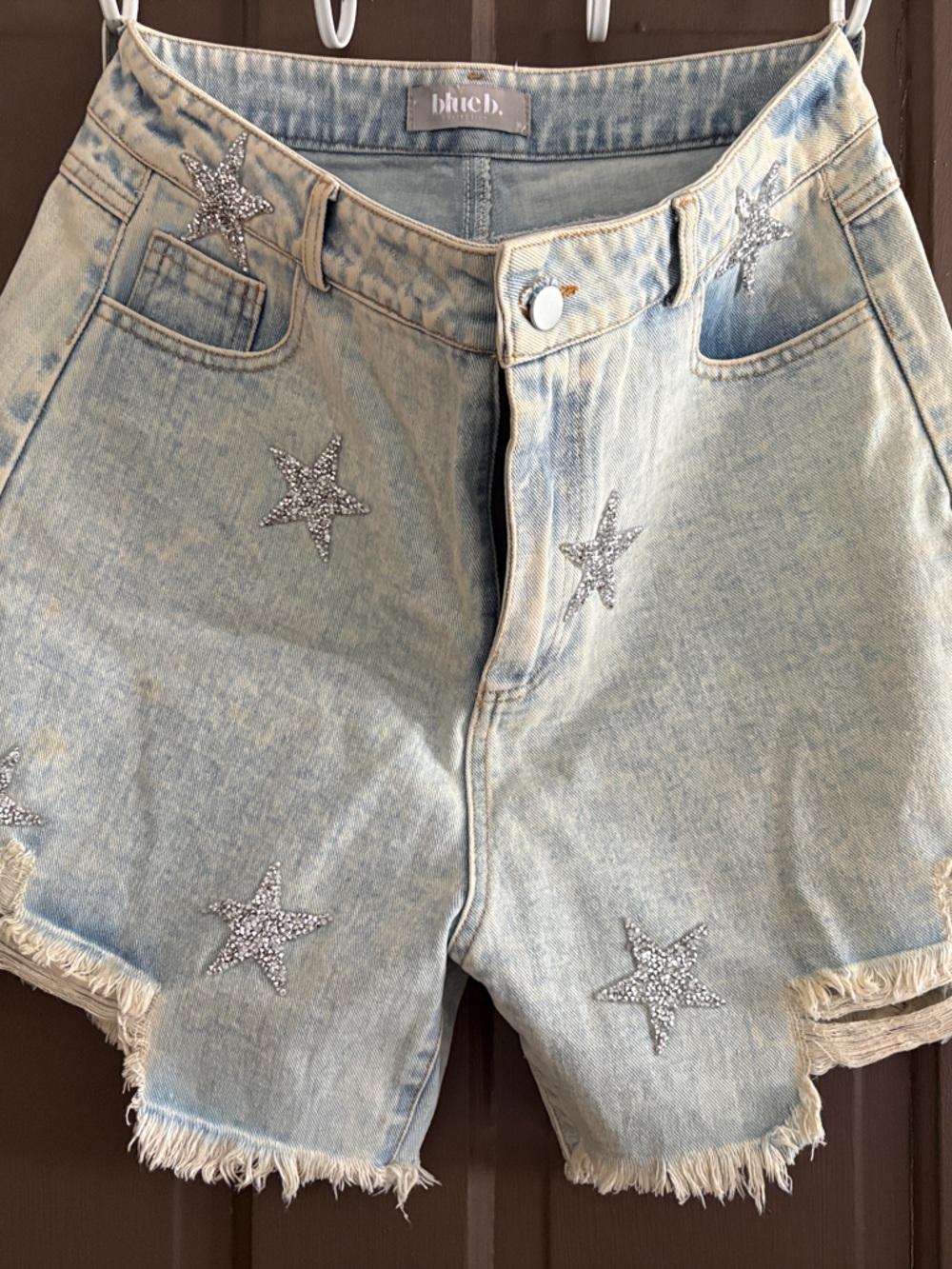 Light Blue Star Embellished Denim Jean Shorts -